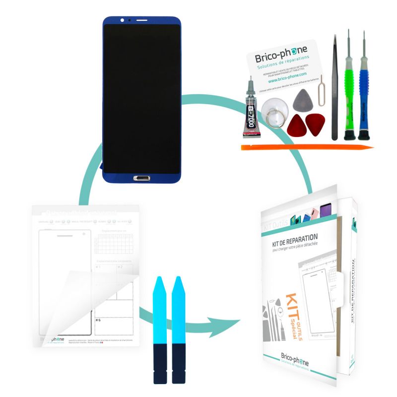 Kit de réparation Ecran Bleu compatible avec vitre et LCD prémonté Huawei Honor View 10