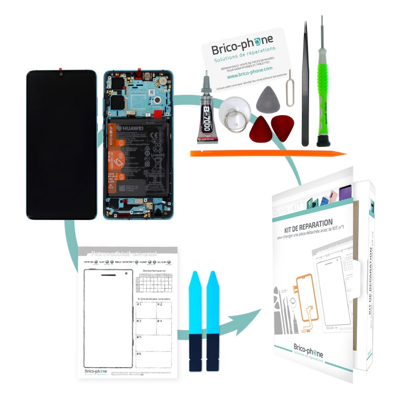 Kit de réparation Bloc Ecran Bleu COMPLET pré-monté sur châssis + batterie pour Huawei P30